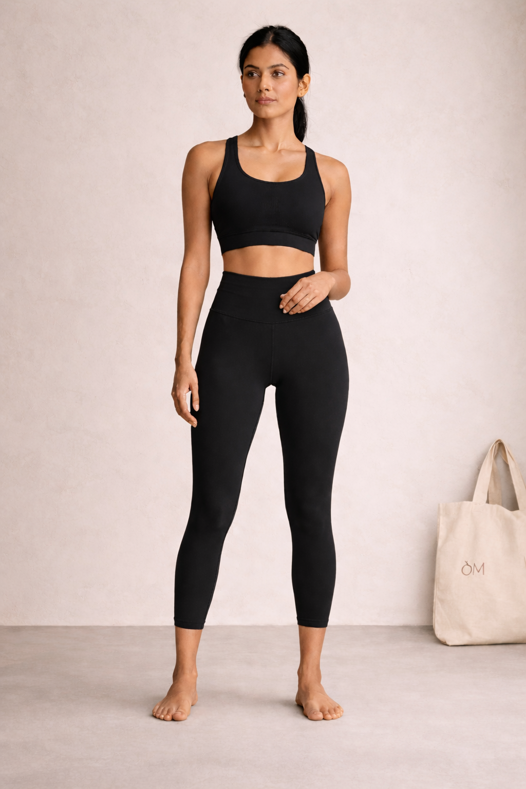 [colour: black pepper] Black Pepper Compression Yoga Pants in buttery-soft, squat-proof OatTech™ fabric — high-waisted, moisture-wicking and breathable for yoga, studio and lounge. Anti-hustle comfort, built for Indian heat.