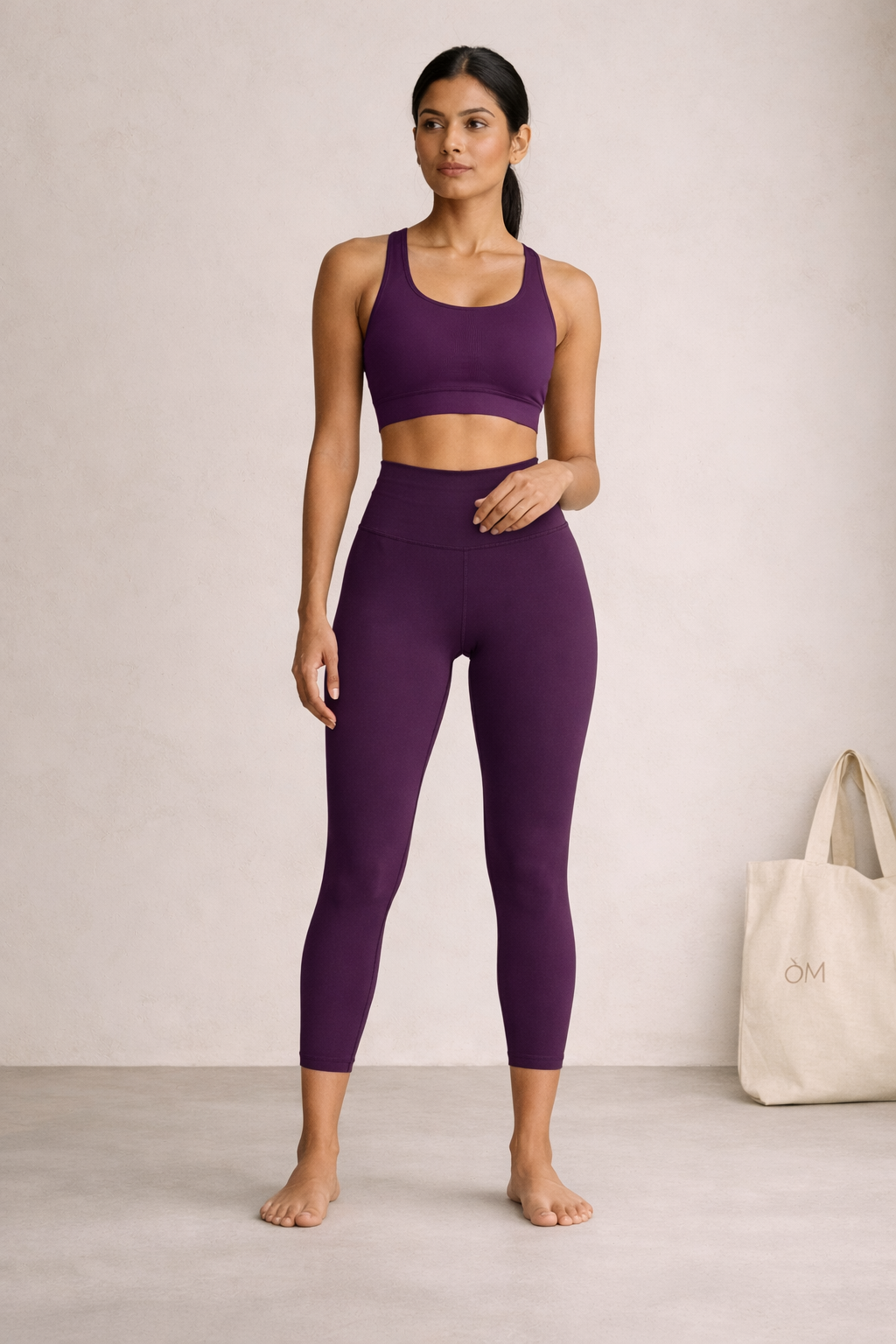 [colour: plum] Plum Compression Yoga Pants in buttery-soft, squat-proof OatTech™ fabric - high-waisted, moisture-wicking and breathable for yoga, studio and lounge. Anti-hustle comfort, built for Indian heat.